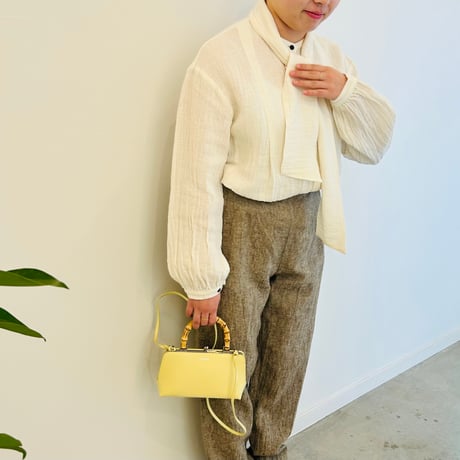 miho umezawa linen cotton panama band collar blouse with tie