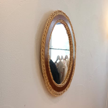 vintage teak and rattan mirror