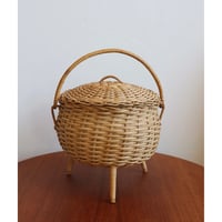 vintage rattan basket with lid and 3 legs