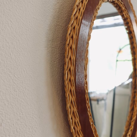vintage teak and rattan mirror
