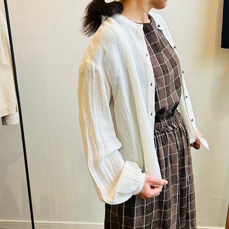 miho umezawa linen cotton panama band collar blouse with tie