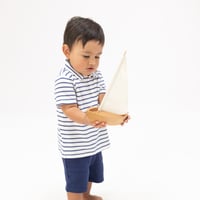 《NAVY STRIPE RIBBED POLO & SHORTS リブモダール素材 半袖シャツ＆半ズボン 紺ストライプ柄》白×紺色 80～115cmサイズ 単品 箱なし 813R-S25-SVN
