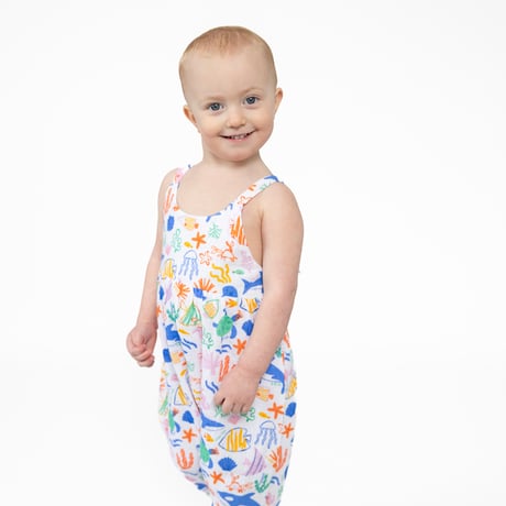 《Sunny Lemons TIE BACK ROMPER モスリンコットン素材 タイバックロンパース レモン柄》70～95cmサイズ 青黄色 単品箱なし 1011-S25-SLE