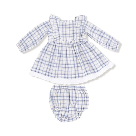 《Muslin Ruffle Dress Blue Grid モスリンコットン素材 ラッフルワンピース 格子柄》単品箱無し 655-F25-WBP 青色 70～115cmサイズ