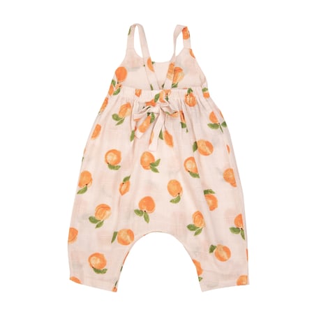 《PEACHES TIE BACK ROMPER モスリンコットン素材 タイバックロンパース ピーチ柄》70～90cmサイズ 橙色 単品箱なし 1011-S24-PEA