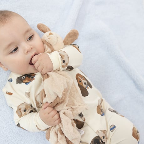 《French Terry Romper Vintage Puppy Face 犬柄 フレンチテリー素材 前開きロンパース》単品 箱なし 536-F24-VPF (白色 新生児～85cmサイズ)