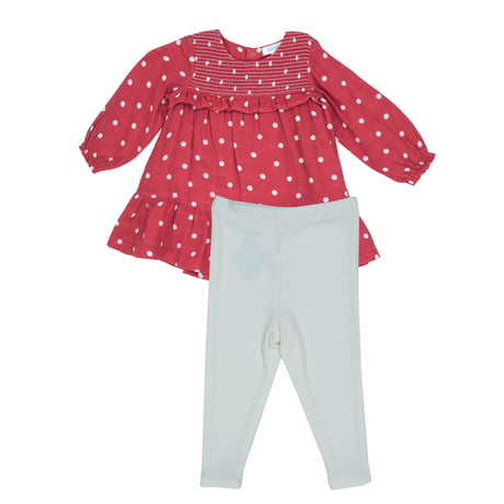 《Muslin Ruffle Dress+Leggings Red Dots モスリン素材 スモックワンピース＆レギンス 水玉柄》赤色 70～110cmサイズ 単品箱なし 523M-F3-MRD