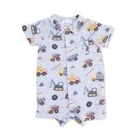 《Crayon Construction BD Polo Shortie モスリンコットン素材 ポロ前開き半袖ロンパース 工事車柄》65～95cmサイズ 青色 802-S26-CCN