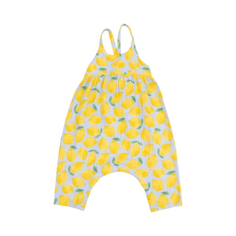 《Sunny Lemons TIE BACK ROMPER モスリンコットン素材 タイバックロンパース レモン柄》70～95cmサイズ 青黄色 単品箱なし 1011-S25-SLE