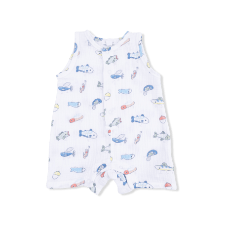 《Fishing Lures Shortie Romper モスリンコットン素材 袖なしロンパース 魚釣りルアー柄》70～95cmサイズ 白色 1009-S26-FLR