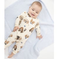 《French Terry Romper Vintage Puppy Face 犬柄 フレンチテリー素材 前開きロンパース》単品 箱なし 536-F24-VPF (白色 新生児～85cmサイズ)