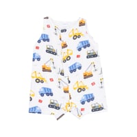 《Construction Shortie Romper モスリンコットン素材 袖なしロンパース 働く車柄》70～95cmサイズ 白色 単品 箱なし 1009-S25-CON