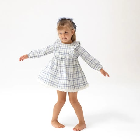 《Muslin Ruffle Dress Blue Grid モスリンコットン素材 ラッフルワンピース 格子柄》単品箱無し 655-F25-WBP 青色 70～115cmサイズ