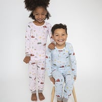 《Bamboo Lounge Wear Set Big Red Barn Blue バンブー素材 ラウンジウエア 赤い屋根ブルー柄》青色 80～130cmサイズ 単品箱なし 171-F3-BAB