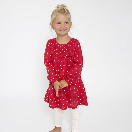 《Muslin Ruffle Dress+Leggings Red Dots モスリン素材 スモックワンピース＆レギンス 水玉柄》赤色 70～110cmサイズ 単品箱なし 523M-F3-MRD