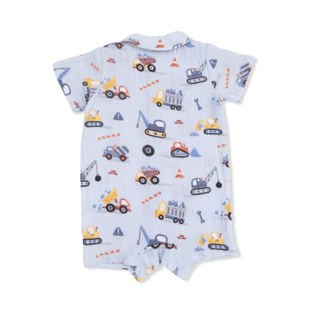 《Crayon Construction BD Polo Shortie モスリンコットン素材 ポロ前開き半袖ロンパース 工事車柄》65～95cmサイズ 青色 802-S26-CCN
