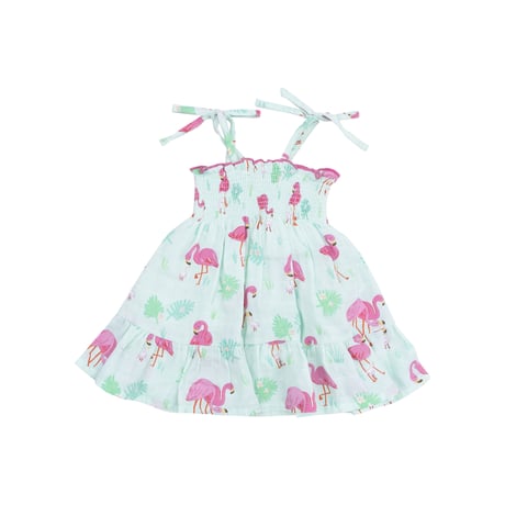 《Flamingos Strap Smocked Sundress モスリンコットン素材 ワンピース フラミンゴ柄》70～135cmサイズ 緑色 単品箱なし 559-S25-FLA