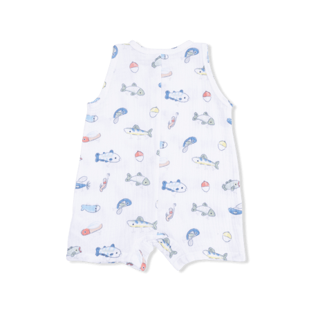 《Fishing Lures Shortie Romper モスリンコットン素材 袖なしロンパース 魚釣りルアー柄》70～95cmサイズ 白色 1009-S26-FLR