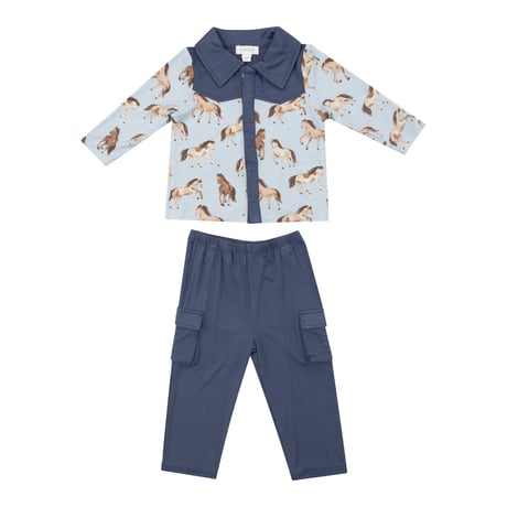 《Bamboo Buttondown & Pants Horse 襟付きセットアップ バンブー素材 馬柄》単品 箱なし 465-F24-HRS (青色 80～95cmサイズ)