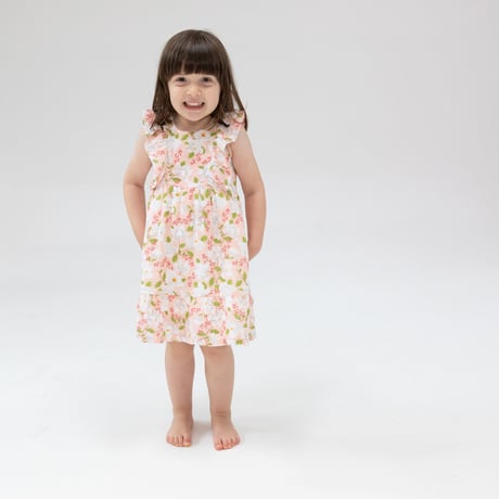 《Magnolias Dress+DC モスリンコットン素材 ラッフルドレス マグノリア柄》70～135cmサイズ 薄橙色 単品箱なし 557-S25-MAG