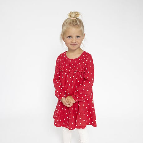 《Muslin Ruffle Dress+Leggings Red Dots モスリン素材 スモックワンピース＆レギンス 水玉柄》赤色 70～110cmサイズ 単品箱なし 523M-F3-MRD