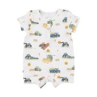《FARM MACHINES Henley Shortall モスリンコットン素材 半袖ロンパース 牧場の働くクルマ柄》70～90cmサイズ 白色 単品 箱なし 721-S24-FAM