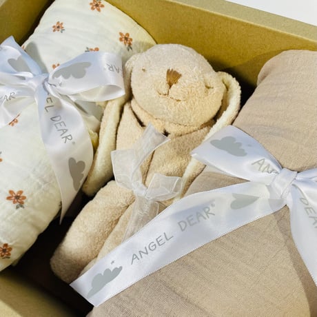《モスリンスワドルｘ2+ブランキーBOX SET》Flowers&Beige Swaddle+Bunny Blankie Box Set 花柄+無地＆うさぎ 薄茶色 ワンサイズ【箱入り】