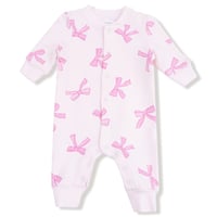 《French Terry Romper Pretty Bows リボン柄 フレンチテリー素材 前開きロンパース》単品箱なし 536-F25-PRF (桃色 新生児～75cmサイズ)