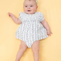 《Kimberly Floral Stripe Ruffle Bubble モスリンコットン素材 ラッフルドレスロンパース キンバリー小花柄》70～95cmサイズ 白色 833-S26-KDS
