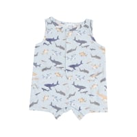 《SHARKS Shortie Romper モスリンコットン素材 袖なしロンパース サメ柄》70～95cmサイズ 青色 単品 箱なし 1009-S25-SHA