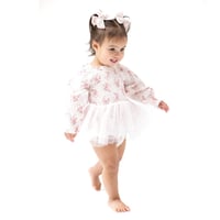 《 Muslin Smocked Tutu Bubble Rosette Dot モスリンコットン素材 長袖チュチュロンパース 薔薇柄》 単品箱なし 627-F25-BRD 桃色 70～95cmサイズ