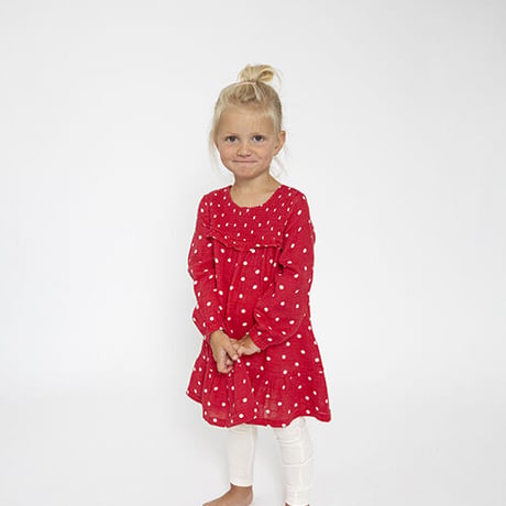 《Muslin Ruffle Dress+Leggings Red Dots モスリン素材 スモックワンピース＆レギンス 水玉柄》赤色 70～110cmサイズ 単品箱なし 523M-F3-MRD