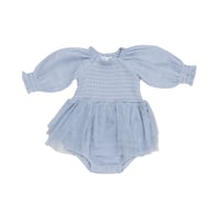 《 Muslin LS Smocked Tutu Bubble Blue モスリンコットン素材 長袖チュチュロンパース ブルー》単品 箱なし 627-F24-DUB (青色 70～95cmサイズ)