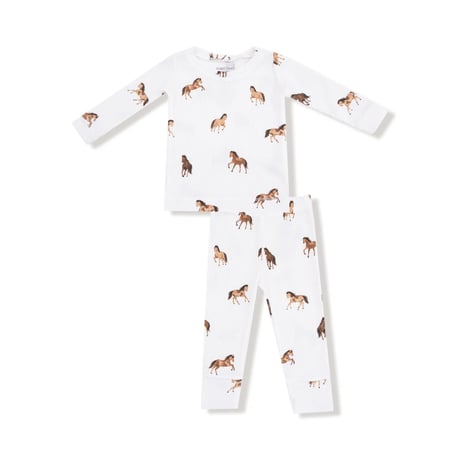 《Thermal Lounge Wear Set Mini Horses 長袖ラウンジウエア ワッフル素材 お昼寝パピー柄》茶色 80～125cmサイズ 単品箱なし 171-F25-MHO