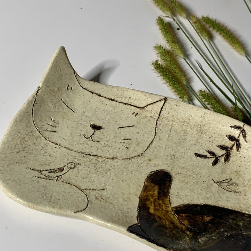 猫型中皿 香箱 葉っぱと鳥 sa008006 | kusafune's STORE