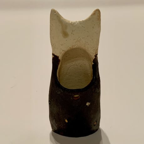 平野照子　猫花入れ　黄レース水玉