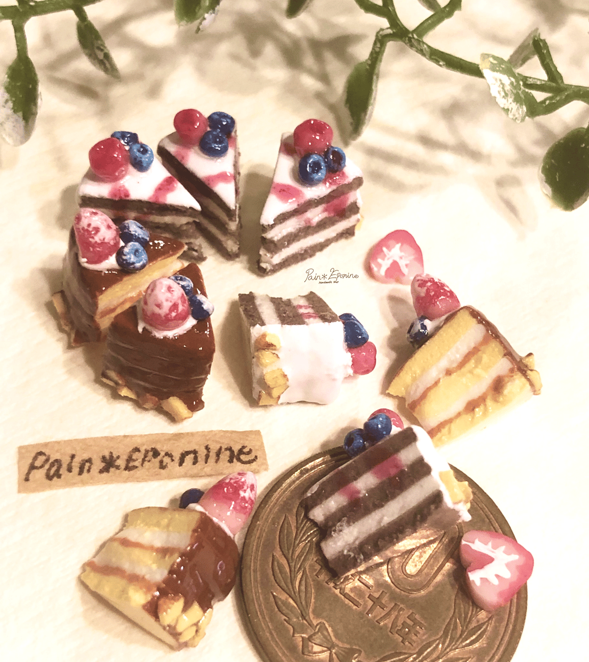 ミニチュアチョコとケーキセット 283 ＊小さな薔薇のケーキセット＊ ミニチュアスイーツ 粘土 ドール