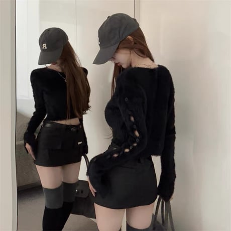 3色 サイドカットアウト ニット Top