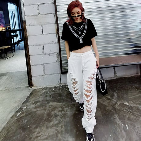 Damaged cut out White Denim Pants