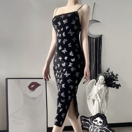 Dark Butterfly Side Slit ロング ドレス