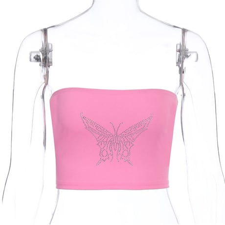 2色 Black & Pink ラインストーン Butterfly Top