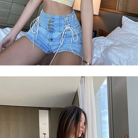 Double Lace Up Denim ショートパンツ