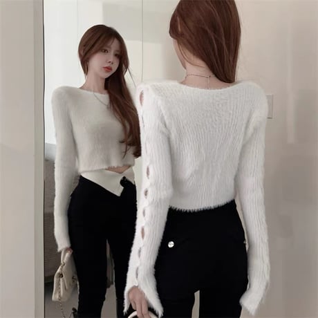 3色 サイドカットアウト ニット Top