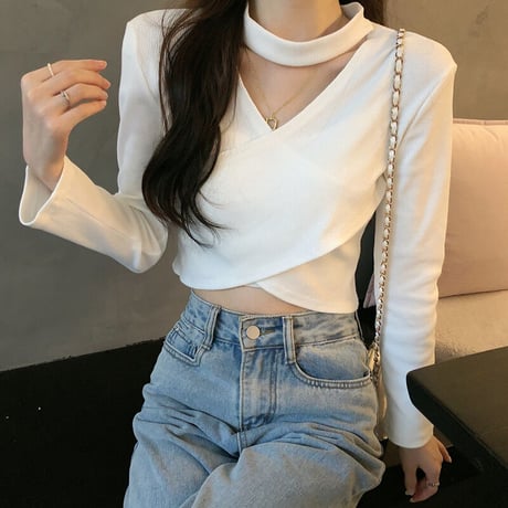 3色 チョーカーネック リブニット Top