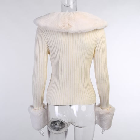 2色 ファー付き ニット カーディガン Top