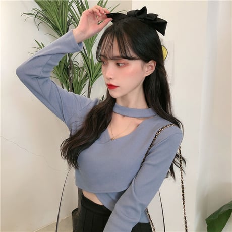3色 チョーカーネック リブニット Top