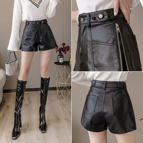 Side Zipper Leather Short Pants