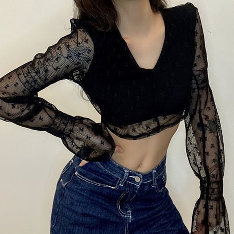 2色 フレアスリーブ 背中開き Top