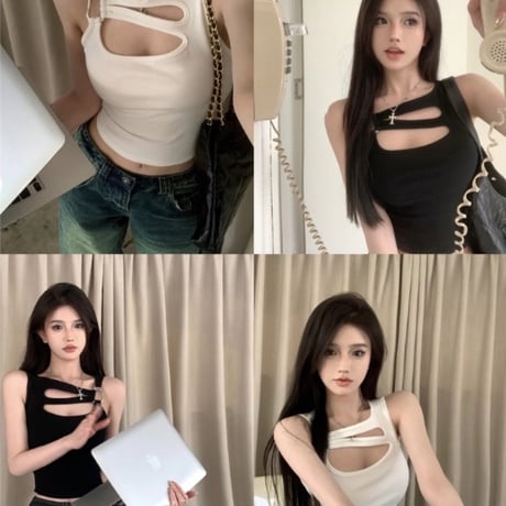 2色 カットアウト ノースリーブ Top