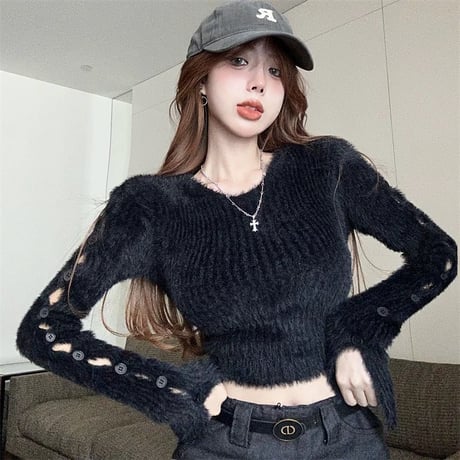 3色 サイドカットアウト ニット Top